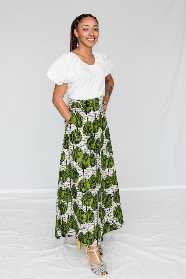 Toyin Long Flare Skirt- Green Leaf