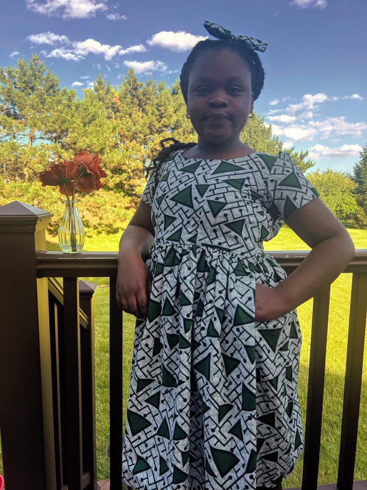 Nova Girl dress- Green triangles