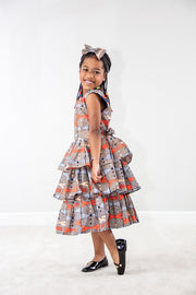 Emma Girl dress- 3 layers Orange bow tie print