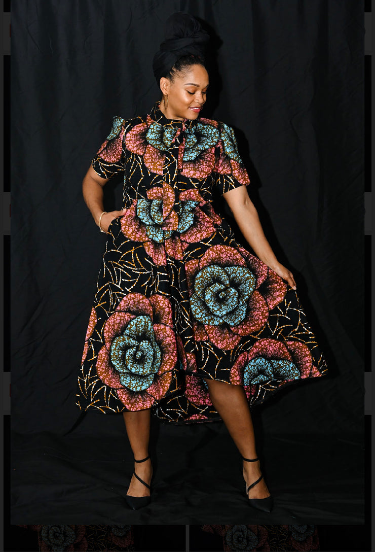 New 2023 -Dunmola Flair Dress - Big flower Brown and Peach