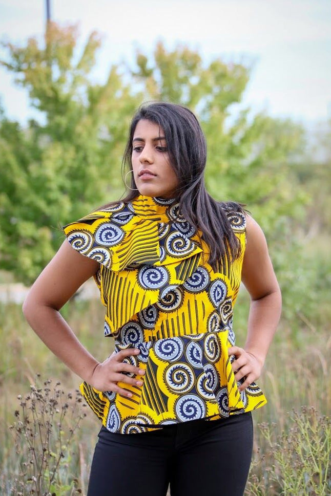 Ikeja Top -High Neck Top in Yellow & Silver