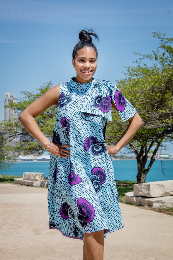 Igbo Dress- Big bow shoulder dress in blue and purple