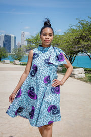 Igbo Dress- Big bow shoulder dress in blue and purple