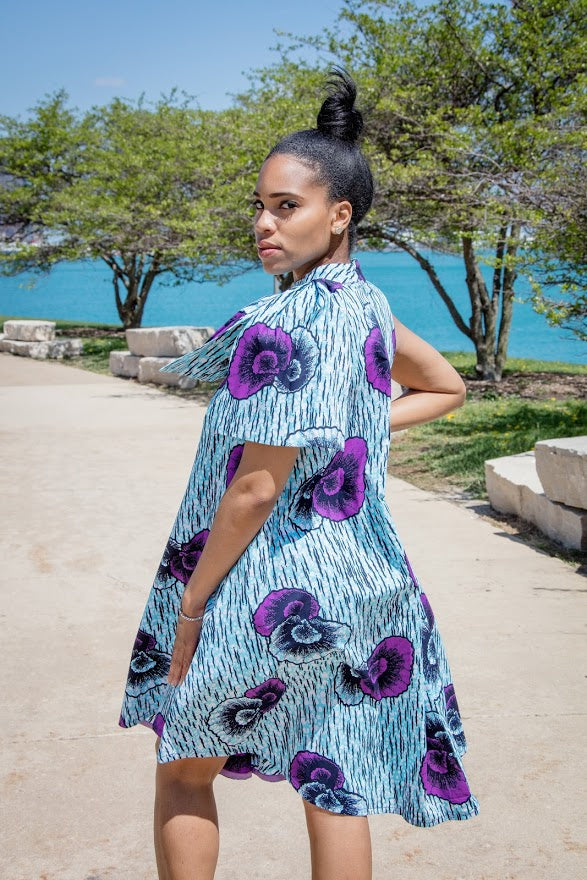 Igbo Dress- Big bow shoulder dress in blue and purple