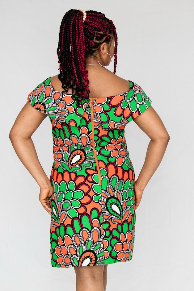 Kayo Midi Dress - Orange and Green Stoned cape