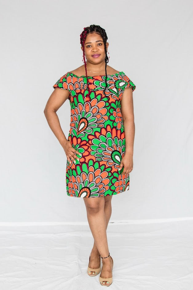 Kayo Midi Dress - Orange and Green Stoned cape