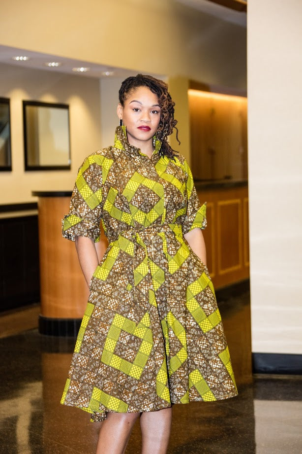 Osun Dress - Shirt Dress in Green and Brown