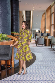 Osun Dress - Shirt Dress in Green and Brown