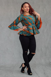 Shekiri Top- Peplum- Orange and Torquoiuse fake